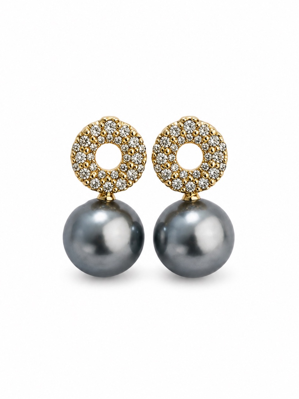 Gold Crystal Circle & Gray Pearl Drop Earrings